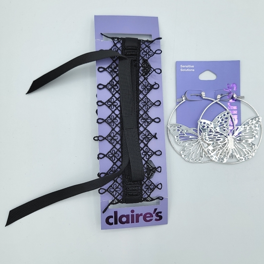Claire's Black Lace Choker & Silver Butterfly Earrings Set NEW #0017